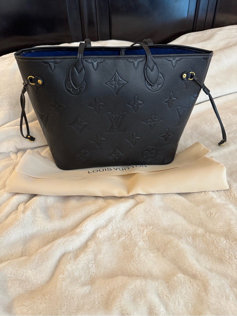 Louis Vuitton-Style Black Empreinte Tote – Royal Blue Interior w/Dust Bag VGUC